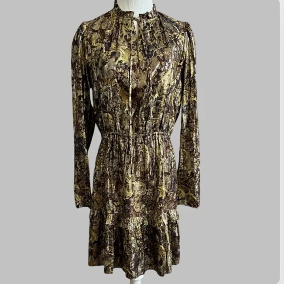 NWT BA&SH Capi Lady Metallic Lame Paisley Ruffle Puff Long Sleeve Dress Size M - Picture 9 of 14